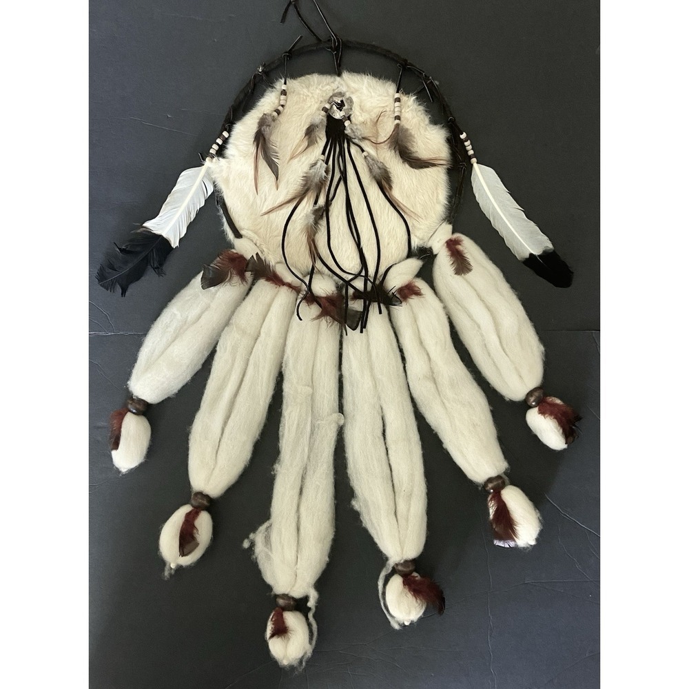 Vintage‎ handmade Native American Dream Catcher Authentic Fur Hide Feathers